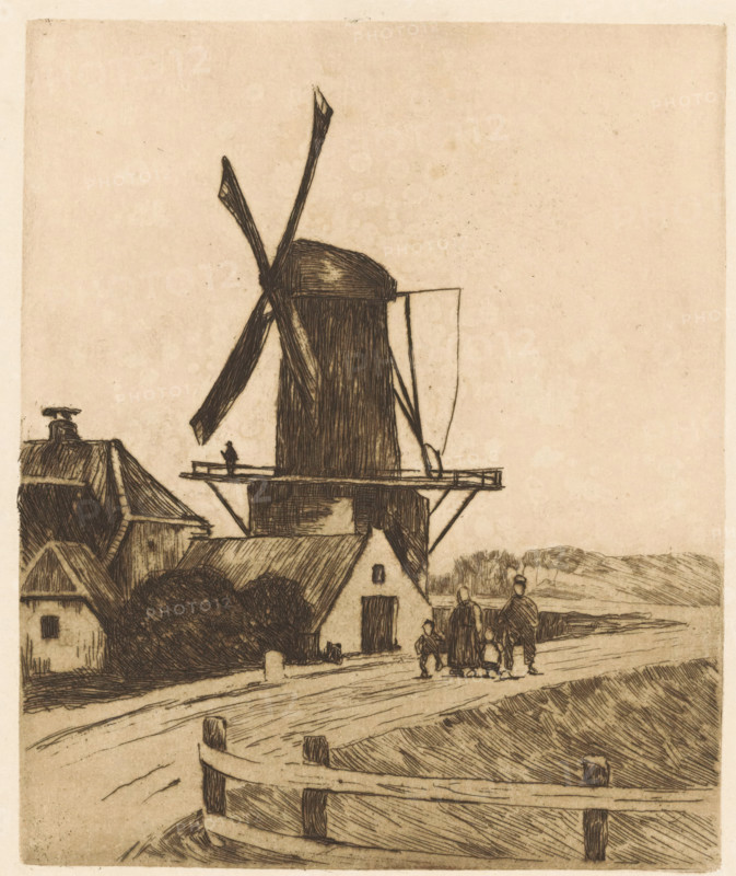 Hikers at a windmill near Wijk bij Duurstede, print, watermark, printmaker: Willem Witsen, Wijk bij Duurstede, c. 1906, paper, etching, intaglio printmaking technique, height 171 mm x width 142 mm, windmill in landscape, housing, receiver, fence, A sepia-toned etching showing a tall windmill with large angled blades mounted on a wooden platform above a building, rooflines and chimneys visible nearby, a small cluster of trees or bushes at the base, a curved wooden fence in the foreground, and several small human figures walking along a road beside the buildings with distant low hills on the horizon.