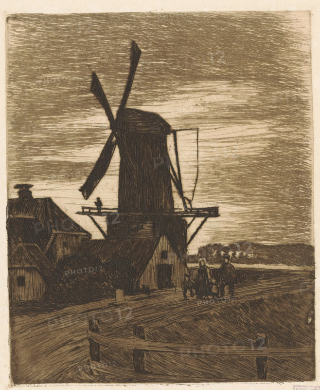 Hikers at a windmill near Wijk bij Duurstede, print, watermark, printmaker: Willem Witsen, Wijk bij Duurstede, c. 1906, paper, etching, intaglio printmaking technique, aquatint, height 175 mm x width 151 mm, windmill in landscape, housing, receiver, fence, A dark, tall windmill with large sails dominates the center, its textured wooden structure set against a sky filled with horizontal, closely spaced hatch marks; nearby rooftops and smaller wooden buildings cluster at the base of the mill, and a small platform extends from the mill with a solitary figure standing on it; in the foreground a curved wooden fence follows a dirt path, and a group of people, including adults and children, stand or walk near the buildings; distant low hills and a strip of lighter land are visible along the horizon.