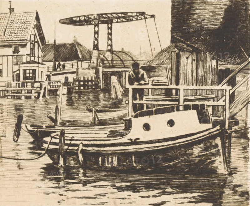 View of the drawbridge between the Kalkmarkt and the 's Gravenhekje in Amsterdam, print, Seen from the Oude Schans., watermark, inscription: '1st state', signature: 'Witsen', printmaker: Willem Witsen (signed by artist), Amsterdam, c. 1911, Willem Witsen, printmaker, paper, etching, intaglio printmaking technique, height 150 mm x width 180 mm, city-view in general, 'veduta', canals, waters (in city), bridge, Kalkmarkt, A detailed etching of a harbor scene shows a wooden boat moored in the foreground with curved hull lines and circular openings on its side, a dock with railings and posts beside it, and water with reflected hatch-like strokes. A figure stands on the dock leaning on the railing near a small cabin-like structure with vertical planks and a slanted roof. Behind them are clustered buildings with pitched and tiled roofs, shuttered windows, and a small bridge or walkway. In the background a latticework crane or gantry rises above the buildings with suspended lines, and addition...