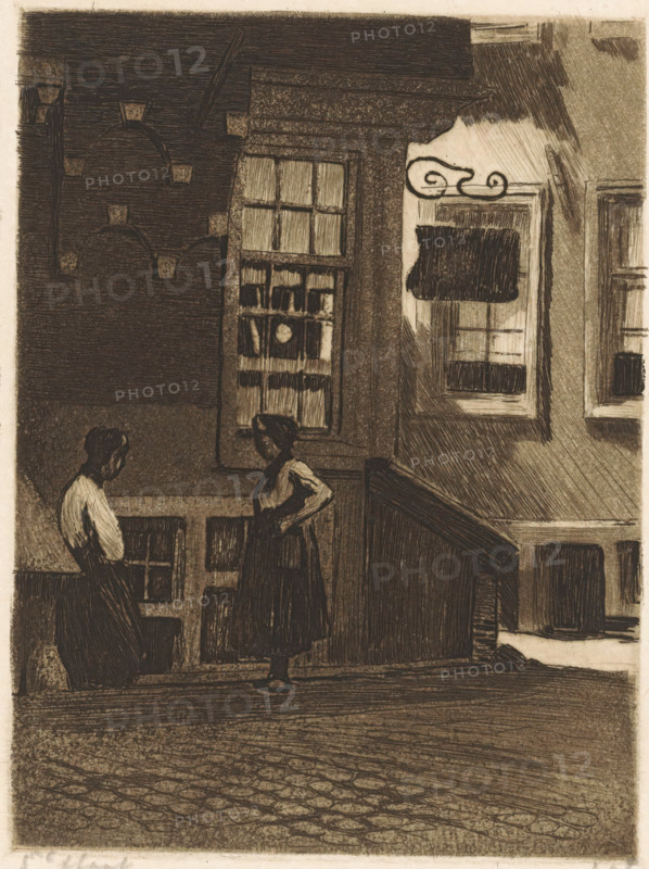 Two women in the Krom Boomsloot in Amsterdam, print, They are standing in front of the side wall of Korte Dijkstraat 2 in Amsterdam., signature: 'Witsen', inscription: '5e staat', watermark, printmaker: Willem Witsen (signed by artist), Amsterdam, c. 1905 - c. 1906, paper, etching, aquatint, intaglio printmaking technique, height 160 mm x width 120 mm, adult woman, city-view, and landscape with man-made constructions, Krom Boomssloot, Korte Dijkstraat, A dark, textured street scene shows two women standing in front of a building with tall windows and decorative architectural details; one woman faces slightly away with her head bowed and arms down, wearing a long skirt and blouse, while the other stands with a hand on her hip, also in a long skirt and blouse, turned toward the first. The building facade features multi-pane windows, one with a shaded awning, a carved ornamental scroll above another window, and broad masonry ledges and panels. A railing and a set of stairs or a raised pla...