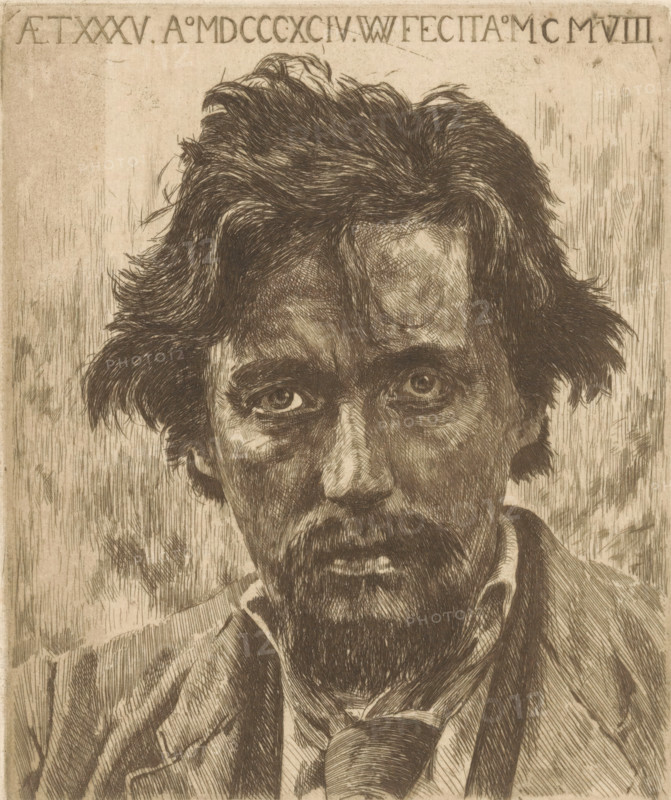 Portrait of Willem Kloos, print, printmaker: Willem Witsen, Amsterdam, c. 1908 - c. 1909, paper, etching, aquatint, intaglio printmaking technique, height 180 mm x width 150 mm, Person, Willem Kloos, portrait of a writer, A close-up etched portrait of a man's face and upper torso rendered in fine dark lines on a light background, showing tousled hair with textured strands, deep-set eyes with detailed irises and shadows, pronounced eyebrows, a mustache and beard with visible individual strokes, a long nose, and a slightly open mouth; he wears a collared shirt, a loosely knotted tie, and a jacket with visible folds and crosshatching, while the background features vertical hatch marks and varied line shading.