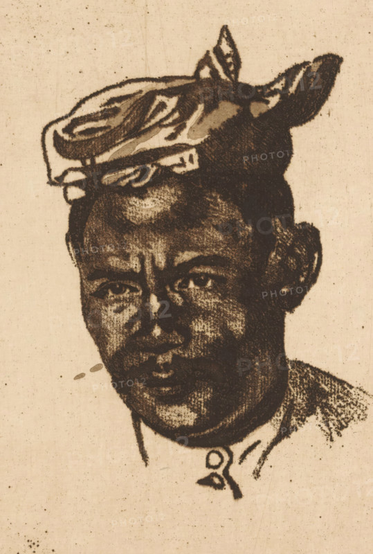 Portrait of Amit, print, Amit was a chamber boy at Hotel Bellevue, where Willem Witsen stayed when he was in Buitenzorg., printmaker: Willem Witsen, Amsterdam, c. 1921, paper, soft-ground etching, aquatint, intaglio printmaking technique, vernis mou, plate tone and aquatint in dark brown, height 198 mm x width 129 mm, head-gear, historical persons (portraits and scenes from life), A sepia-toned portrait of a person from the shoulders up, rendered in a stippled or dotted ink style on textured paper. The person has short dark hair with a cloth tied or folded on top of the head, featuring loose ends. The face shows dark shaded eyes, a straight nose, and closed lips with detailed shading around the cheeks and forehead. One ear is visible with textured shading, and the neck and upper garment are partially shown with a small circular decorative element near the collar. The background is plain, lightly speckled paper.