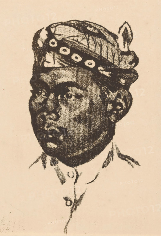 Portrait of a Sundanese man, Portrait of a Sundanese servant (former title), print, This man worked as a servant at Hotel Bellevue, where Willem Witsen stayed when he was in Buitenzorg., watermark, printmaker: Willem Witsen, Amsterdam, c. 1921, paper, soft-ground etching, height 188 mm x width 133 mm, head-gear, anonymous historical person portrayed alone, A monochrome charcoal-style portrait of a person shown from the shoulders up, facing slightly to the left, wearing a patterned headwrap with circular decorations and a small pointed ornament at the top, with dark textured shading defining facial features including eyes, nose, lips, ears, and short hair, and a faint suggestion of a collar and garment below, all rendered on a light beige background.