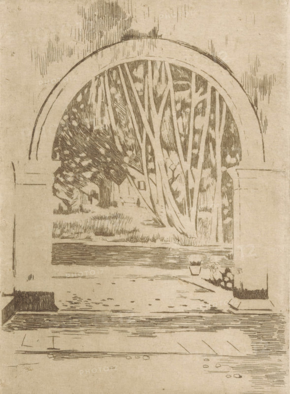 Gate of Hotel Bellevue in Buitenzorg, print, printmaker: Willem Witsen, Amsterdam, c. 1921, paper, etching, intaglio printmaking technique, height 210 mm x width 150 mm, arch, archivolt, architecture, plantation, Java, Buitenzorg (West-Java), West-Java, A monochrome etched scene shows an arched window or opening with tall slender tree trunks and foliage visible through it, a grassy area and suggestion of a small building or cottage partially obscured by the trees, crosshatched shading and linear textures filling the sky and ground, a horizontal ledge or sill beneath the arch, a small potted plant and cluster of flowers near the base of the opening, and a foreground area of flat textured surface with scattered short marks and linear patterns.