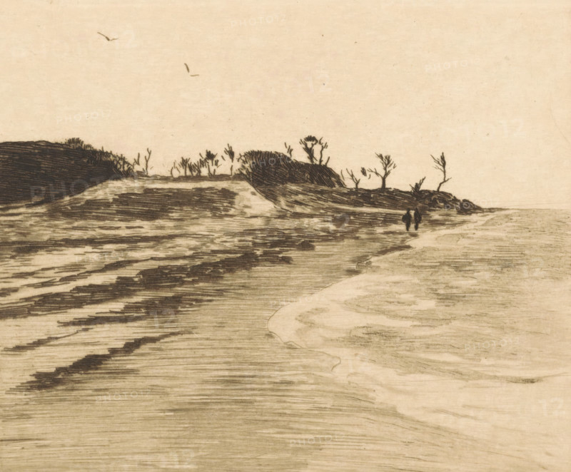 Coastline of the Zuiderzee in Valkeveen, print, Two figures at the waterside., printmaker: Willem Witsen, Amsterdam, c. 1913, paper, etching, intaglio printmaking technique, height 150 mm x width 178 mm, coast, walking, hiking (recreation), Zuiderzee, Valkeveen, A monochrome sketch showing a shoreline with textured sand and shallow water in the foreground, a gently curving wet edge leading toward a distant bank, a low rise covered with scrubby bushes and sparse, bare-branched trees along the horizon, two small human silhouettes standing near the waterline at the edge of the rise, and a mostly empty sky with a few simple bird shapes.