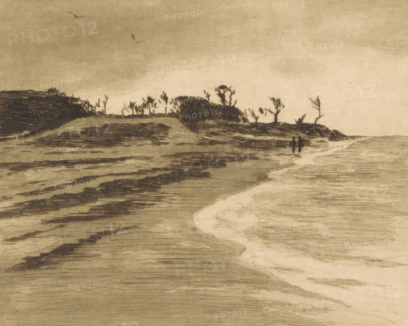 Coastline of the Zuiderzee in Valkeveen, print, Two figures at the waterside., printmaker: Willem Witsen, Amsterdam, c. 1913, paper, etching, aquatint, intaglio printmaking technique, height 150 mm x width 178 mm, coast, walking, hiking (recreation), Zuiderzee, Valkeveen, A muted landscape scene rendered in soft sepia tones shows a sandy shoreline with layered horizontal strokes suggesting wet sand and shallow water, a curving lighter path of water leading from the foreground toward the distance, low dark dunes topped with sparse, spindly bushes and twisted, leafless trees along the horizon, two small silhouetted figures walking near the waterline, and a pale sky with a couple of distant birds.