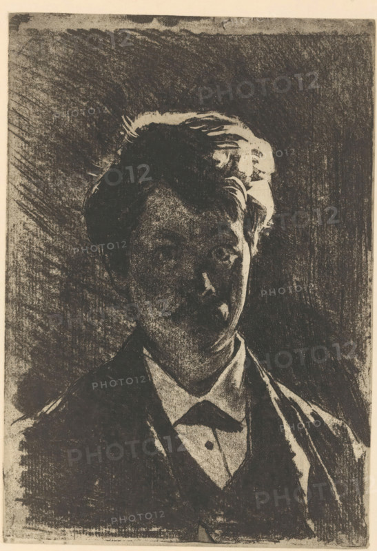 Portrait of Hein Boeken, print, watermark, printmaker: Willem Witsen, Amsterdam, c. 1891, paper, etching, soft-ground etching, intaglio printmaking technique, height 249 mm x width 172 mm, Person, Hein Boeken, portrait of a writer, A monochromatic portrait rendered with heavy, textured shading shows the head and upper torso of a young person facing forward with a slightly tilted head, dark hair swept back with lighter highlights, shadowed facial features where eyes, nose, and mouth are suggested by contrast, and a defined jawline; the figure wears a collared shirt and a jacket with a visible lapel and a bow or tie at the neck, all set against a dark, heavily hatched background that frames the silhouette.