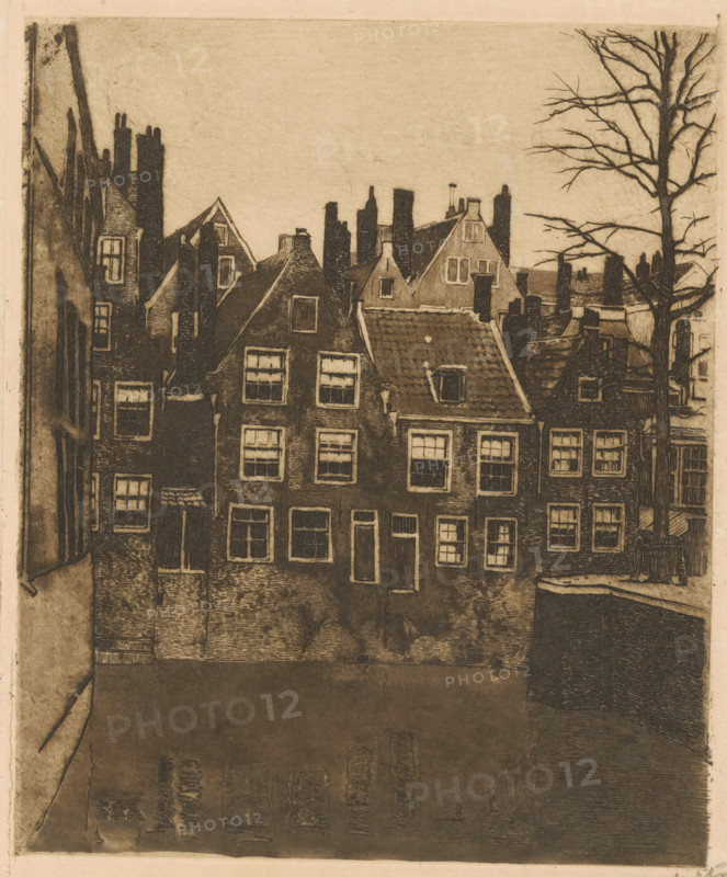 Groenendaal in Rotterdam, print, Groenendaal, filled in in 1911, seen from the Nieuwehaven in Rotterdam., watermark, inscription: '5th state proof', printmaker: Willem Witsen (signed by artist), Amsterdam, c. 1897 - c. 1898, paper, etching, aquatint, intaglio printmaking technique, drypoint, plate tone and drypoint, proof, height 238 mm x width 187 mm, urban housing, trees, canals, waters (in city), Rotterdam, A row of narrow, tall buildings with steep gabled roofs fills the middle of the image, their façades rendered in dark tones with multiple rectangular windows and doors; many chimneys and rooflines rise above the houses, some with visible roof tiles and small dormer windows. On the right edge a leafless tree with branching limbs extends upward against a pale background. The lower portion of the image shows a dark, reflective surface with indistinct mirrored shapes of the buildings above. The left edge includes a narrow vertical portion of another building with windows and a sloped...