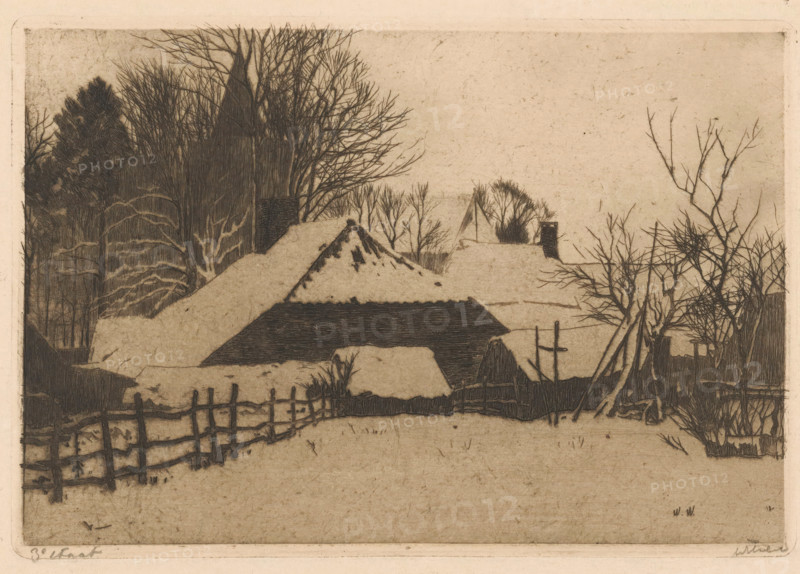 View of snow-covered houses in Ede, print, signature: 'Witsen', inscription: '3e staat', printmaker: Willem Witsen (signed by artist), Ede, c. 1897, paper, etching, intaglio printmaking technique, height 163 mm x width 240 mm, snow, parts of church exterior and annexes: tower, village, A quiet rural scene rendered in muted monochrome shows snow-covered roofs of several cottages partially obscured by bare trees and dense evergreens, with one roof featuring a steep triangular shape and another a lower flat section; a rough wooden fence runs across the foreground, leading to a gate and patches of snow-dusted ground, while leafless branches and tangled undergrowth frame the right side and tall, slender tree trunks rise behind the buildings against a pale, textured sky.