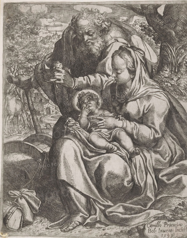 Rest on the Flight into Egypt, print, Mary sits with the Christ Child on her lap under a tree. Joseph bends over them. In the background, the donkey is grazing., printmaker: Camillo Procaccini, Bologna, 1593, paper, etching, intaglio printmaking technique, etching with plate tone, height 258 mm x width 210 mm, A monochrome engraved scene shows three figures clustered in the foreground beneath a tree and a cloudy sky. A seated woman draped in flowing fabric and a head covering cradles a small child on her lap; the child has curly hair and a circular halo-like ring behind the head, and the child's hand is near the mouth. An older bearded man leans over them, one hand raised and the other resting near the child's head. Detailed folds of cloth and textured shading define the garments and surrounding ground. In the background there are trees, foliage, a distant building, and a grazing animal near a fence. Various objects, including a staff, a basket, and a sack, appear near the figures on t...