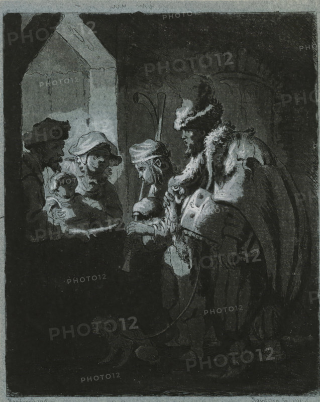 Street musicians, print, printmaker: Richard de Saint-Non, after design by Rembrandt van Rijn, 1771, paper, aquatint, etching, hand coloring, aquatint and etching on blue paper, hand-colored in white, height 152 mm x width 122 mm, more than one musician with instrument, A dimly lit interior scene shows a group of figures clustered near an arched opening, rendered in dark tones with highlights. On the left, a seated figure holds an infant wrapped in cloth while a person beside them leans forward, both faces partially illuminated. In the center a young person wearing a cap leans down, holding a bowl or dish toward the seated pair. To the right a standing man with a tall fur hat and heavy cloak, his profile visible, looks toward the seated figures while another cloaked figure with a patterned garment bends slightly beside him. A small dog on a leash stands near the feet of the standing figures. Architectural details include a stone archway and masonry visible behind the group. The composi...