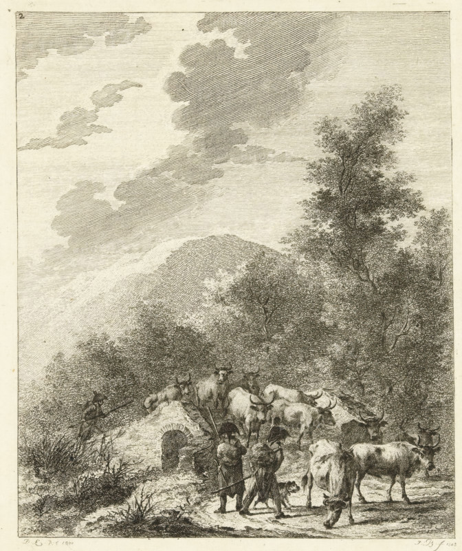Soldiers driving a herd of cows across a bridge, Six landscapes with soldier staff, print, Series number, 2, 6, Landscape with three Napoleonic soldiers driving a herd of cows across a bridge., printmaker: Joannes Bemme, Netherlands, after drawing by Dirk Langendijk, 1803, paper, etching, height 135 mm x width 108 mm, the soldier, the soldier's life, herd, flock, British-Russian expedition to North Holland, Period, 1799, A monochrome etching showing a rural scene with a herd of cattle clustered near a small arched stone structure and partially on a dirt path, several cows grazing or standing, and a few cattle facing toward the viewer. Two standing figures with cloaks and hats walk along the path with a small dog near their feet, while another figure stands to the left holding a long staff. Dense foliage and tall trees fill the right side and background, and rolling hills rise behind the trees. The sky is filled with layered, horizontally hatched clouds.