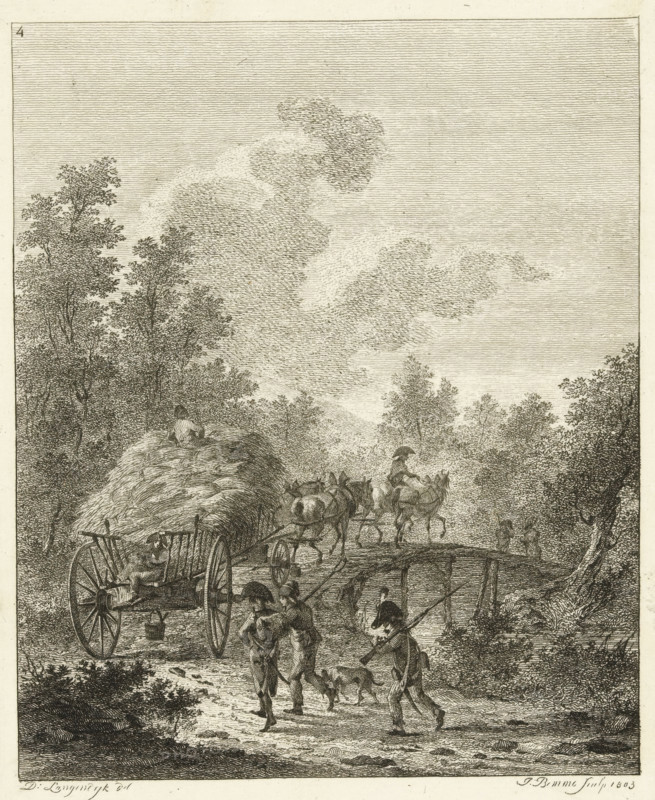 Hay wagon driving over a bridge, Six landscapes with soldier staff, print, Series number, 4, 6, A hay wagon drives over a bridge. Along the bank walk three Napoleonic soldiers with rifles and a dog., printmaker: Joannes Bemme, Netherlands, after drawing by Dirk Langendijk, 1803, paper, etching, height 138 mm x width 110 mm, the soldier, the soldier's life, hay-wagon, British-Russian expedition to North Holland, Period, 1799, A detailed monochrome engraving shows a rural scene with tall trees framing a sky filled with finely hatched clouds, a large hay-filled cart drawn by animals crossing a simple wooden bridge, a figure sitting atop the haystack, and another person seated on the cart. In the foreground three men walk along a dirt path with one carrying a long pole and a dog near their feet, while a rider on horseback steers the animals across the bridge and two small figures stand on the far side. The landscape includes dense foliage, textured ground, and the bridge supported by visib...