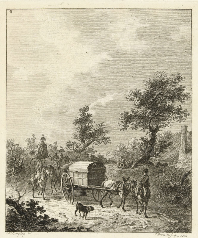 A group of soldiers on horseback, Six landscapes with soldier staff, print, Series number, 3, 6, A group of Napoleonic soldiers rides through a dune landscape. An ammunition wagon rides towards the first soldier., printmaker: Joannes Bemme, Netherlands, after drawing by Dirk Langendijk, 1804, paper, etching, height 137 mm x width 112 mm, four-wheeled, animal-drawn vehicle, eg: cab, carriage, coach, warfare, military affairs (cavalry, horsemen), British-Russian expedition to North Holland, Period, 1799, A detailed sepia-toned etching shows a rural road scene with a covered wagon drawn by two horses moving toward the viewer, flanked by several riders on horseback and a small dog walking in front of the wagon, a man standing near the lead horses, and a group of riders further back on the left; to the right a large leafy tree with a figure seated against its trunk and a low building with a chimney partly visible behind foliage; the sky above is filled with finely hatched clouds and the for...