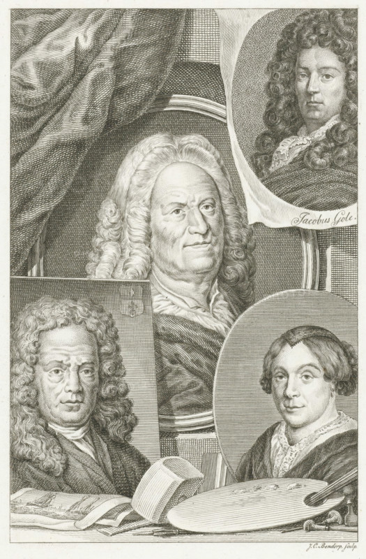 Four portraits of Dutch artists Hendrik Noteman, Jacob Gole, Maria Schalcken and Wigerus Vitringa, print, Four portraits of Dutch artists: Hendrik Noteman in the center, Jacob Gole in the upper right, Maria Schalcken in the lower right and Wigerus Vitringa in the lower left. In the foreground lie artists' supplies such as a painter's palette and burins., printmaker: Johannes Christiaan Bendorp, Netherlands, after design by unknown, 1776 - 1816, paper, etching, height 228 mm x width 146 mm, Print used in: R. van Eijnden and A. van der Willigen, Geschiedenis der vaderlandsche schilderkunst, vol. I, Haarlem 1816, opposite p. 236. The portrait of Maria Schalcken was made after a painted self-portrait by the artist., Person, Wigerus Vitringa, Hendrik Noteman, Maria Schalcken, portrait, self-portrait of painter, tools, implements of painter, A detailed black and white engraved composition showing multiple portraitmedallions and busts of people with elaborate curled wigs and period clothing, ...