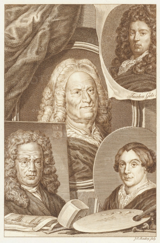 Four portraits of Dutch artists Hendrik Noteman, Jacob Gole, Maria Schalcken and Wigerus Vitringa, print, Four portraits of Dutch artists: Hendrik Noteman in the center, Jacob Gole in the upper right, Maria Schalcken in the lower right and Wigerus Vitringa in the lower left. In the foreground lie artists' supplies such as a painter's palette and burins., date: '1816', printmaker: Johannes Christiaan Bendorp, Netherlands, after design by unknown, 1776 - 1816, paper, etching, etching in brown, height 223 mm x width 146 mm, Print used in: R. van Eijnden and A. van der Willigen, Geschiedenis der vaderlandsche schilderkunst, vol. I, Haarlem 1816, opposite p. 236. The portrait of Maria Schalcken was made after a painted self-portrait by the artist., Person, Wigerus Vitringa, Hendrik Noteman, Maria Schalcken, portrait, self-portrait of painter, tools, implements of painter, A sepia-toned engraved composition shows several framed portraits and drawing tools arranged together. A large central p...