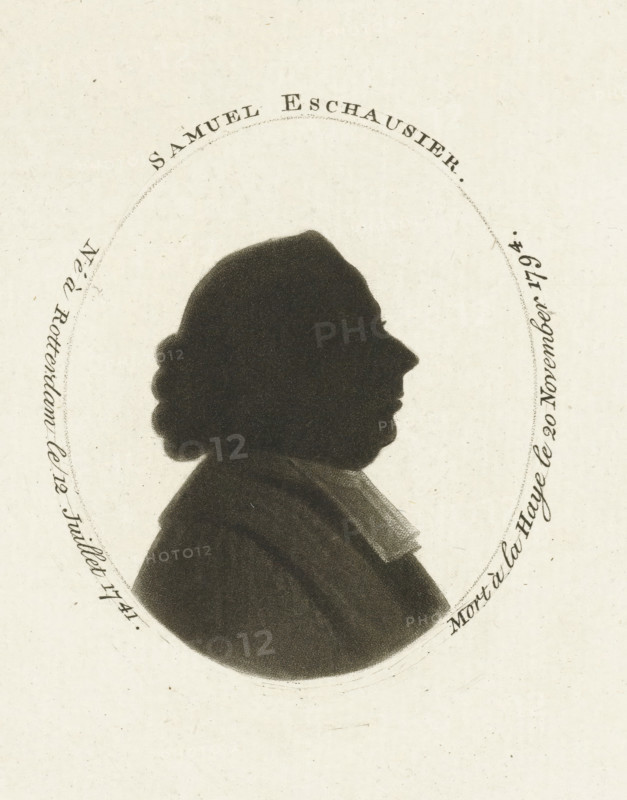 Silhouette portrait of Samuel Eschauzier, Samuel Eschausier, print, printmaker: Johannes Christiaan Bendorp, Netherlands, 1794 - 1849, paper, etching, roulette, height 207 mm x width 144 mm, Person, Samuel Eschauzier, historical persons, officials and dignitaries (with NAME), episcopal Protestant churches, A dark silhouette in profile of a person with rounded hair gathered at the back and a pronounced nose is centered inside an oval outline on a light, textured background, the figure wearing a high-collared garment and a layered scarf or cravat visible at the neck.