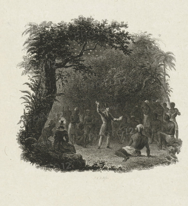 Edwin Bligh Reads from the Bible to Enslaved African Americans in a Forest in Mississippi, print, book illustration, Scene from a book in which Edwin Bligh and his sister Lusy Bligh read from the Bible in a clearing in a forest. Enslaved African Americans listen along around them., printmaker: Johannes Alexander Rudolf Best, Amsterdam, c. 1836 - c. 1855, paper, chine collé, etching, etching on chine collé, height 239 mm x width 142 mm, Illustration for the title page: Jonathan Jefferson Whitlaw, or Scenes on the Banks of the Mississippi, by Mrs Frances Trollope, Part One. Wed. A. Loosjes Pz. (publisher) Haarlem 1837, original English edition (1836), illustration accompanying text on p. 185., slavery, serfs and enslaved persons, spreading the gospel, missionary work, reading to somebody, master, enslaved person, persons of African origin, A detailed black and white etching shows a dense leafy arch formed by trees and foliage framing a clearing where a crowd of people gathers; a central ...