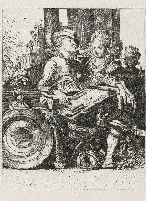 Lucella and Ascagnes as a love couple, The couple in love, print, printmaker: Johannes Arnoldus Boland, Amsterdam, after print by Willem Pietersz Buytewech, publisher: Kemink & Zoon, Utrecht, 1866, Willem Pietersz Buytewech, after print by, paper, chine collé, etching, etching on chine collé, height 262 mm x width 213 mm, Illustration for JP van der Kellen, Le peintre graveur hollandais et flamand, Utrecht: 1866., couple of lovers, (scenes from) specific works of literature: Bredero, Lucelle, A detailed black and white engraving shows three seated figures in ornate period clothing. The central figure reclines with a wide-brimmed hat resting near them and a hand holding a small object, wearing a fitted jacket and a skirt with folds. To the right a person with an elaborate ruffled collar leans close, head tilted and eyes downcast, with textured hair and richly patterned sleeves. A third figure behind them has a rounded hairstyle and looks downward while clasping something. Architectural ...