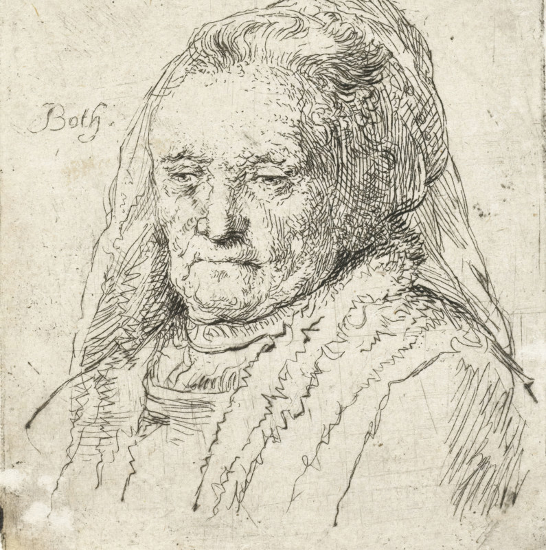 Portrait bust of Rembrandt's mother, print, Portrait bust of Neeltje Willemsdochter Zuytbrouck, the mother of the painter Rembrandt Harmensz. van Rijn., printmaker: Andries Both, unknown, after print by Rembrandt van Rijn, c. 1622 - c. 1642, Andries Both, Rembrandt van Rijn, printmaker, after print by, paper, etching, height 66 mm x width 56 mm, Person, Neeltje Willemsdr. Zuytbrouck, historical persons, A detailed ink line drawing of an elderly person's head and upper torso, showing a wrinkled face with closed or nearly closed eyes, a prominent nose, and downturned mouth, framed by wavy hair partially covered by a draped headscarf and a fur-lined collar; the lines vary from fine crosshatching to bold strokes and the background is a textured pale surface with faint smudges and scratches.