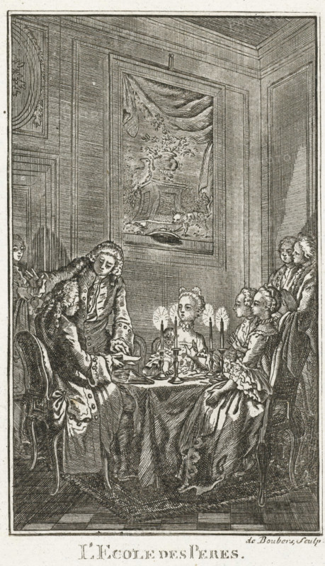 Father's School, L'Ecole des Peres, print, book illustration, Illustration for the story 'L'Ecole des Peres' from J.F. Marmontel's short story collection 'Contes moreaux'. A father sits at the table with his daughter and her friends. His son enters with a friend. The father receives a letter during the meal., printmaker: N. de Boubers, unknown, after design by Hubert François Gravelot, Paris, after 1765 - c. 1780, paper, etching, engraving, etching and engraving, height 150 mm x width 188 mm, Created as an illustration for an edition by: Jean François Marmontel 'Contes moreaux'., father with son(s) and daughter(s) (father love), An interior scene rendered in fine linework shows a group of people gathered around a round table covered with a draped cloth, with a set of lit candles in a multi-branched candlestick at the center. Seated figures in period clothing with detailed garments and ruffled sleeves occupy chairs around the table, while a standing man leans toward a seated gentleman, ...