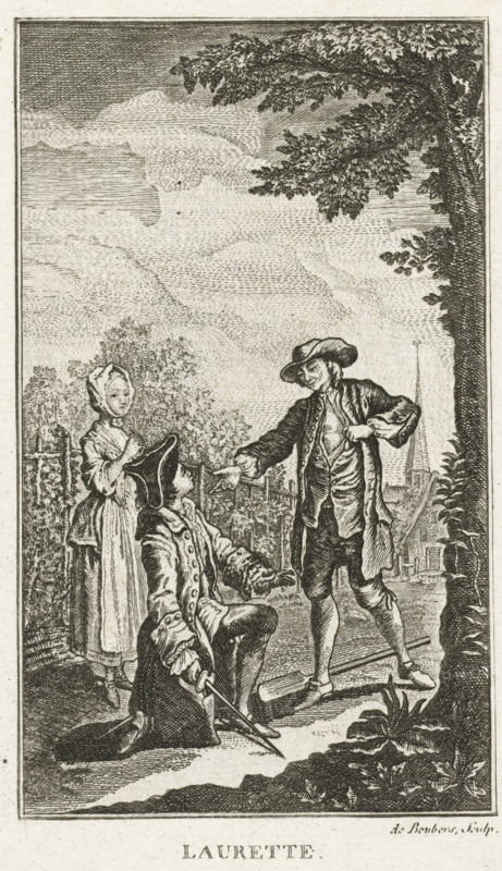 Laurette and the Count of Luzy, Laurette, print, book illustration, Illustration for the story 'Laurette' from J.F. Marmontel's short story collection 'Contes moreaux'. The poor but beautiful peasant girl Laurette dances with the Count of Luzy at a village festival. He falls instantly in love with the girl and asks her father for her hand. The count kneels before the peasant, Laurette stands beside them., printmaker: N. de Boubers, unknown, after design by Hubert François Gravelot, Paris, after 1765 - c. 1780, N. de Boubers, Hubert François Gravelot, printmaker, after design by, paper, etching, engraving, etching and engraving, height 150 mm x width 85 mm, Created as an illustration for an edition by: Jean François Marmontel 'Contes moreaux'., married couple of unequal wealth, requesting the bride's parents' permission, A tall tree with spreading branches frames the right side and top of the scene, its leaves rendered in dense crosshatching, and a textured sky fills the upper area. In ...