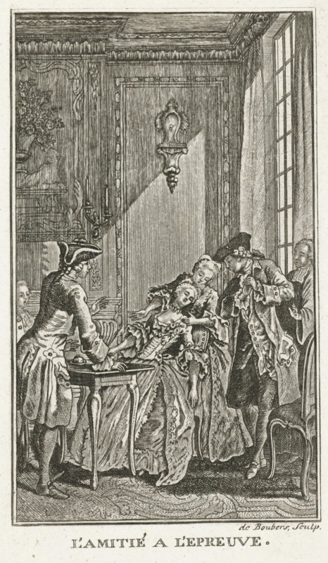 Friendship Put to the Test, L'Amitié a L'Epreuve, print, book illustration, Illustration for the story 'L'Amitié a L'Epreuve' from J.F. Marmontel's short story collection 'Contes moreaux'. Blandford leaves his future wife Coraly behind with his good friend Nelson and his sister. Coraly and Nelson fall in love with each other. When Blandford returns from his journey, Coraly must make a choice. Blandford and Nelson stand at the table in front of Coraly. Coraly faints and is supported by Nelson's sister., printmaker: N. de Boubers, unknown, after design by Hubert François Gravelot, Paris, after 1765 - c. 1780, paper, etching, engraving, etching and engraving, height 150 mm x width 85 mm, Created as an illustration for an edition by: Jean François Marmontel 'Contes moreaux'., fainting, swooning, woman given by one man to another man, yielding one's beloved, A finely detailed interior scene shows ornate wall paneling and a tall multi-paned window letting in light, with a decorative sconce o...