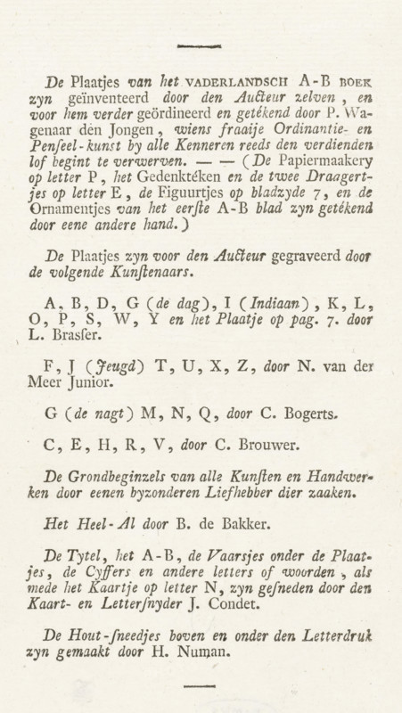 Text sheet from: Johan Hendrik Swildens, Vaderlandsch AB boek, Amsterdam 1781, text sheet, Text sheet with explanatory notes on the illustrations in the Vaderlandsch AB boek., printmaker: Cornelis Brouwer, Netherlands, publisher: Willem Holtrop, 1781, paper, letterpress printing, book printing, height 205 mm x width 115 mm, Amsterdam, publisher W.Holtrop, A vertically oriented page with aged off-white paper and printed dark gray serif type arranged in multiple centered and left-aligned paragraphs, featuring variations in font weight and italicized words, wide margins, and subtle paper texture with small speckles and fibers; a thin horizontal rule near the top and another near the bottom; overall even spacing between lines and sections, and slightly darker ink impressions where letters are denser.