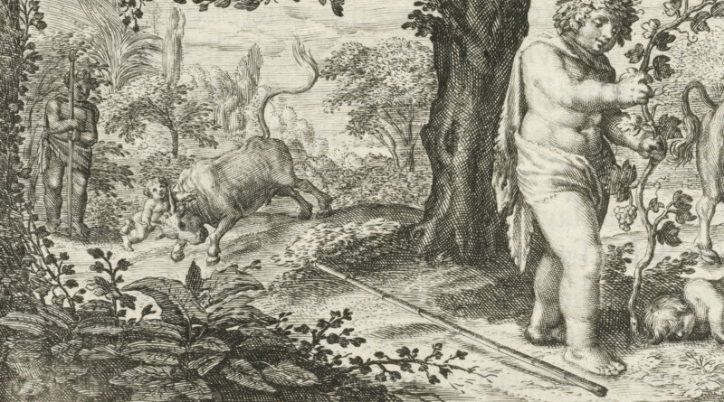 Bacchus and Ampelus, print, book illustration, Bacchus' favorite Ampelus is killed in a fall from a bull, whereupon he is transformed into a grapevine. Book illustration for: Lof-sanck van Bacchus, 1616., printmaker: Jacob Matham, after design by David Vinckboons, publisher: Willem Janszoon Blaeu, Amsterdam, 1616, Jacob Matham, David Vinckboons, Willem Janszoon Blaeu, printmaker, after design by, publisher, paper, engraving, letterpress printing, engraving and book printing verso, height 77 mm x width 128 mm, Book illustration for: Heinsius, Daniel edited by Petrus Scriverius. Nederduytsche poemata. vol. 3: Hymnus of the Praise of Bacchus, Waerin'tgebruyck and the abuse of the Wine is described. Amsterdam: Willem Jansz Blaeu, Ampelus dies after falling from a bull, Ampelus changed into a vine: after having fallen to his death from a bull, Ampelus, the favorite of Bacchus, is changed into a vine, A detailed engraving shows a pastoral scene with a large tree trunk at center right and den...