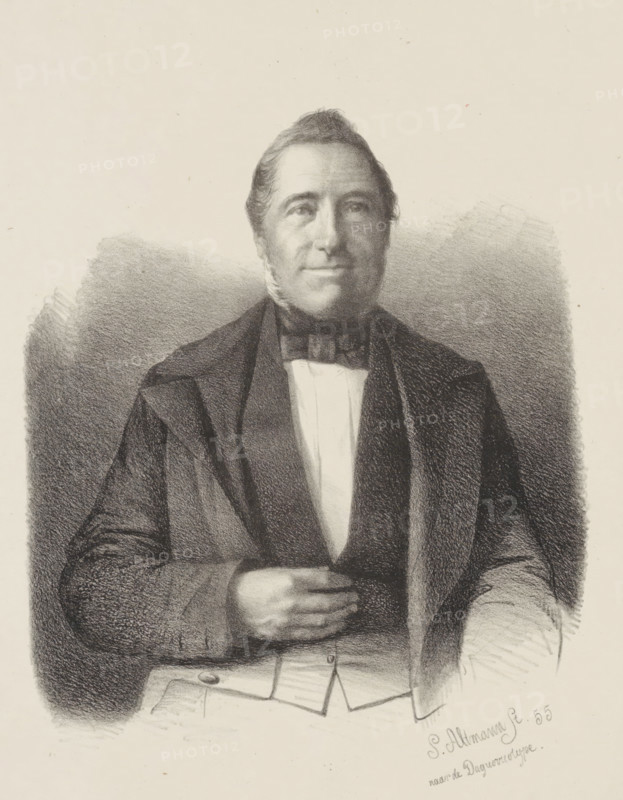 Portrait of an unknown man, print, printmaker: S. Altmann, Netherlands, 1855, paper, lithography, height 387 mm x width 274 mm, anonymous historical person depicted, A monochrome portrait of a seated man from the waist up rendered in a charcoal or pencil style, showing a middle-aged man with neatly combed hair and sideburns, a calm facial expression, and eyes looking slightly upward; he wears a dark coat over a lighter waistcoat and a white shirt with a bow tie, one hand rests on his abdomen while the other arm is positioned to the side, and the background is softly shaded with textured strokes.
