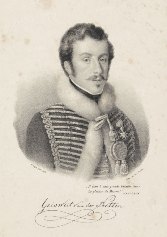 Portrait of Cornelius Anthonius Geisweit van der Netten, print, The sitter wears a military costume with a fur collar. On his chest he wears a knighthood order. Below the portrait is a quote by Napoleon., after design by H. Lapis, printer (person): Hilmar Johannes Backer, Dordrecht, 1822 - 1845, printmaker, printer (person), paper, lithography, height 245 mm x width 163 mm, The quote refers to the Battle of Moskowa in 1812., Person, Cornelius Anthonius Geisweit van der Netten, historical persons, knighthood order, A monochrome portrait of a man shown from the chest up wearing a fur collar tied with a bow and a braided military-style jacket with ornate cords and tassels, a medal pinned to his chest, short wavy hair, a mustache and small goatee, and a neutral facial expression, set against a plain, lightly mottled background.