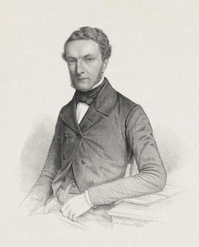 Portrait of an unknown man, print, The sitter is seated on a chair, turned away from a table. His left elbow rests on an open book on the table., printmaker: Johann Peter Berghaus, Leiden, 1851-07-30, paper, chine collé, lithography, lithography on chine collé, height 338 mm x width 260 mm, historical persons, book - MM - book open, A monochrome pencil or charcoal portrait of a seated man shown from the waist up, wearing a dark double-breasted coat with wide lapels, a high-collared shirt, and a bow tie, his hair short and wavy with sideburns, his expression neutral and his gaze directed forward, one arm resting on an armrest or cushion and the other hand relaxed in his lap, with soft shading and crosshatching creating depth against a plain light background.