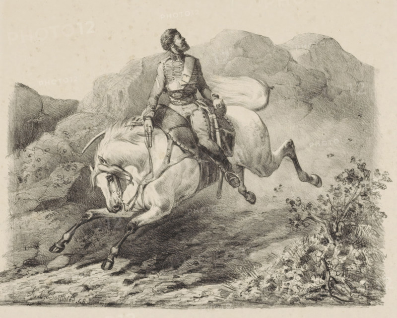 Fleeing soldier on horseback, print, The horse gallops through a rocky landscape. The rider looks over his shoulder and has a pistol in his right hand., printmaker: Karel Frederik Bombled, 1832 - 1902, paper, lithography, height 240 mm x width 325 mm, firearms, private soldier, horses and kindred animals, flight, running away, pursuing, looking over the shoulder, A monochrome drawing shows a soldier in a decorated uniform sitting astride a rearing horse on rocky terrain; the soldier looks upward and holds reins and a pistol, with detailed straps and boots visible, while the horse paws at the ground and has a flowing mane and tail. Rocks and hills form the background, and plants and small bushes grow at the lower edge of the scene.