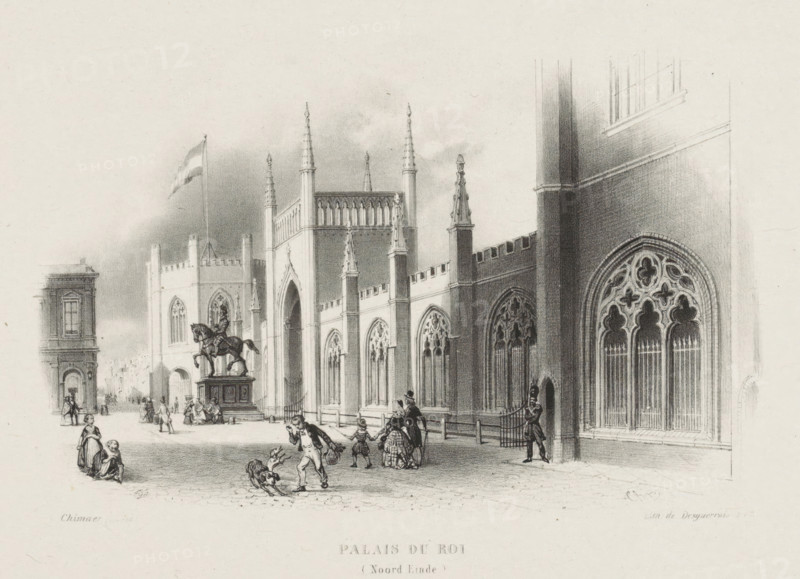 Palais du Roi (Noord Einde), View of the Gothic gallery of Kneuterdijk Palace, print, A soldier stands on guard in front of the Gothic gallery. On the left stands the equestrian statue of Prince William I. Various figures are walking on the square; a man is gesturing to two dogs. A wing of Noordeinde Palace is visible on the left., printmaker: Wilhelmus Cornelis Chimaer van Oudendorp, Netherlands, printer (person): Desguerrois & Co., Amsterdam, 1832 - 1873, printer (person), paper, chine collé, lithography, lithography on chine collé, height 265 mm x width 334 mm, Person, William I (Prince of Orange), equestrian statue, guard duty, keeping sentry, palace, The Hague, A detailed pencil drawing of a street scene dominated by a large Gothic building with tall pointed pinnacles and ornate arched windows, showing tracery in the window openings and a crenellated parapet along the roofline; in front of the building stands an elevated equestrian statue on a high plinth with a flag flying nearby...