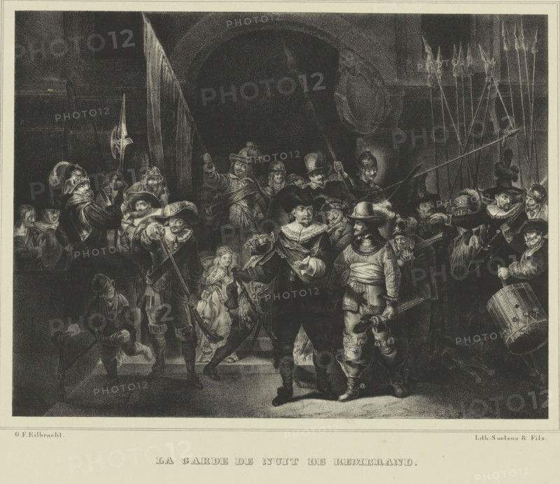 Night Watch, Officers and other musketeers of District II in Amsterdam under the command of Captain Frans Banninck Cocq and Lieutenant Willem van Ruytenburch, known as the 'Night Watch', print, The corporalship of Captain Frans Banninck Cocq and Lieutenant Willem van Ruytenburch, known as the 'Night Watch'. The musketeers of the Kloveniersdoelen are coming out through a gate. The musketeers are armed with lances, muskets, and halberds. On the right is the drummer with a large drum. Among the soldiers on the left stands a girl with a dead chicken around her waist, on the right a barking dog. Top left is the ensign with the outstretched standard. After a painting by Rembrandt Harmensz. van Rijn in the Rijks Museum Amsterdam., printmaker: Gerhardus Fredericus Eilbracht, The Hague, after painting by Rembrandt van Rijn, Amsterdam, printer (person): Soetens & Fils, 1837 - 1840, printer (person), paper, lithography, lithografie, height 312 mm x width 445 mm, warfare, military affairs (citizen...