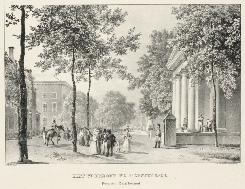 View of the Korte Voorhout in The Hague, The Voorhout in The Hague, Picturesque Views of the Kingdom of the Netherlands, print, View of the Korte Voorhout, near the Koningsbrug, or Boschburg, with 'Het Wachtje', the guardhouse, on the right. Figures are standing and walking in the middle. On the right, a building with columns and a tympanum. In front of it, soldiers are on guard., printmaker: Barend Cornelis Koekkoek, Amsterdam, printer (person): Daiwaille and Veldhuijzen, 1831, printer (person), paper, lithography, height 315 mm x width 483 mm, street (city(-scape) with figures, staffage), The Hague, Lange Voorhout, A detailed black and white engraving shows a tree-lined avenue with tall leafy trees framing a wide street; on the right a grand building with large classical columns and steps has figures standing and sitting near its entrance while a guard in uniform stands by a small sentry box; people in period dress stroll and converse in the street and on the sidewalks including wome...