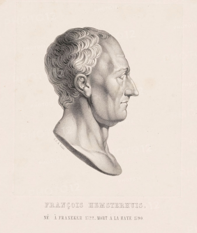 Portrait of François Hemsterhuis, print, The sitter is depicted in profile as an antique portrait bust., printmaker: Carel Christiaan Antony Last, printer (person): P. Blommers (Steendrukkerij van), The Hague, publisher: W. Eekhoff, Leeuwarden, 1850, printer (person), paper, chine collé, lithography, lithography on chine collé, height 204 mm x width 157 mm, Person, Frans Hemsterhuis, historical persons (profile portrait), A detailed pencil or charcoal profile drawing of an older man's bust facing right, showing a pronounced nose, defined cheekbones, and a strong jawline; his hair is short and wavy with visible texture, and his ear and neck muscles are carefully shaded; the bust rests on an oval base and is centered on a light, textured background with faint spots and borders.