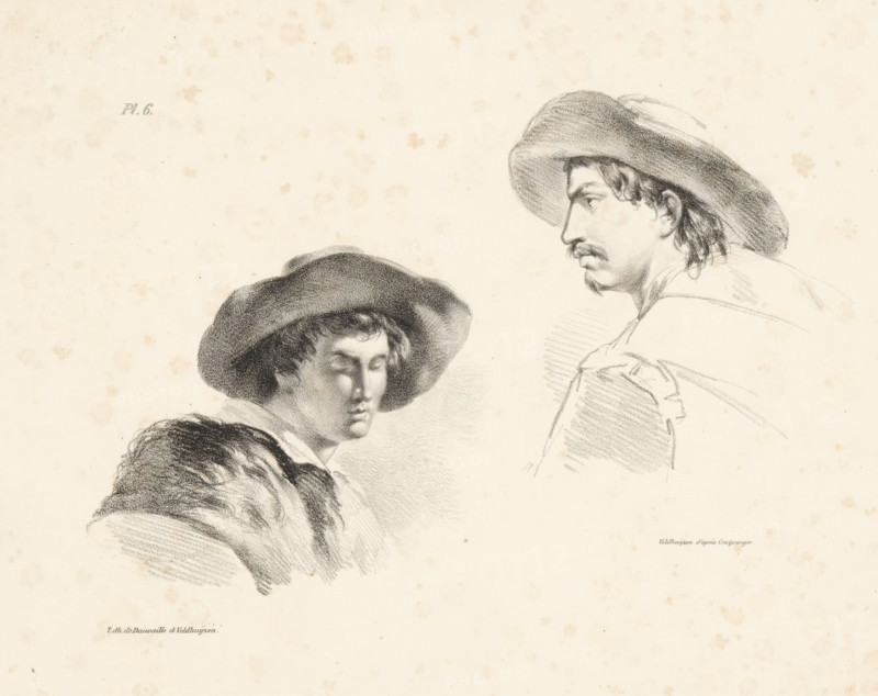 Men with hats, print, Series number, 6, Study sheet with two men with hats., printmaker: Pieter Veldhuijzen, after design by Reinier Craeyvanger, printer (person): Daiwaille en Veldhuijzen, Netherlands, 1831 - 1832, printer (person), paper, lithography, lithografie, height 240 mm x width 339 mm, adult man, The image shows a pencil or charcoal drawing of two men wearing wide-brimmed hats; one man is shown in a three-quarter profile facing slightly down with closed eyes and a fur-lined garment over his shoulders, and the other man is depicted in a profile facing left with a mustache and longer hair visible beneath his hat, wearing a simple shirt with visible sketch lines indicating folds.