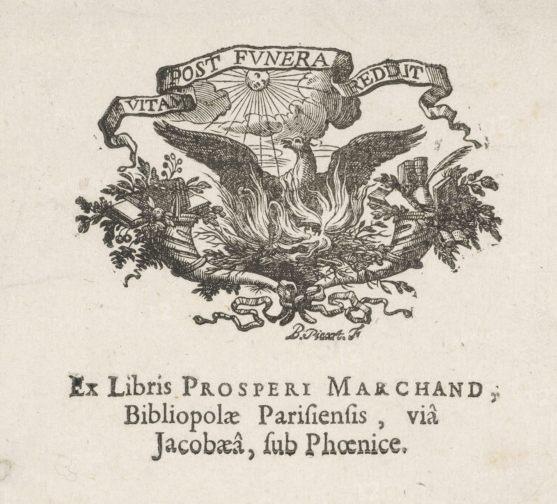 Ex libris of the bookseller Prosper Marchand 'In den Parijschen boekwinkel' in the St. Jacobsstraat in Amsterdam, print, bookplate, A burning phoenix in a nest rises from its own ashes., printmaker: Bernard Picart, Amsterdam, 1683 - 1733, paper, woodcut, letterpress printing, woodcut and text in letterpress, height 89 mm x width 106 mm, fabulous animals, birds: phoenix, ex-libris, A detailed black ink illustration shows a rising bird with outstretched wings emerging from stylized flames and surrounded by foliage, books, and ribbons; above the bird a cloud with rays and a sun motif is partially obscured by flowing banners, and below the illustration a decorative ribbon knot is visible.