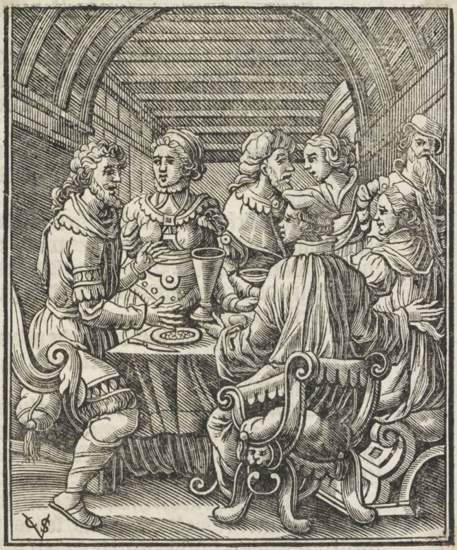 Company around a table with a meal on it, print, book illustration, printmaker: Christoffel van Sichem (II), Amsterdam, 1581 - 1658, paper, woodcut, letterpress printing, woodcut and text in letterpress on the verso, height 112 mm x width 95 mm, A detailed black and white engraving shows a group of people gathered around a table under a vaulted ceiling, with ornate carved chairs in the foreground. The figures wear period clothing with ruffled collars, hats, and draped garments; some have curled hair and beards. Hands rest on the table and on each other, and there are goblets and a shallow dish on the table. Architectural lines create a patterned arch above them, and dense hatching provides shading and texture throughout the scene.