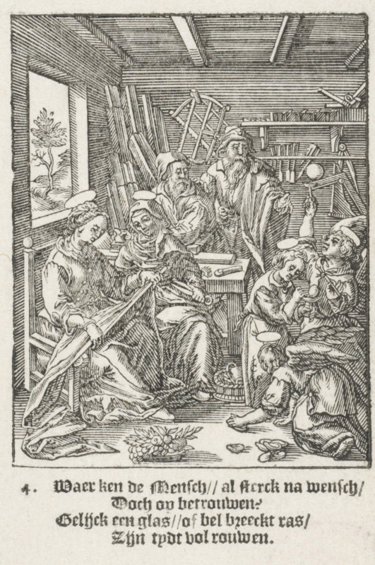 Christ Child blowing soap bubbles, The Childhood of Our Lord Jesus Christ, Youth of Christ, print, Series number, 4, 13, In a room, the Christ Child is blowing soap bubbles together with two angels. His parents and grandparents are watching. Mary is measuring a piece of cloth. In the lower margin, four lines of Dutch text., printmaker: Christoffel van Sichem (II), Amsterdam, after design by Hieronymus Wierix, 1617, paper, woodcut, letterpress printing, woodcut and text in letterpress, height 138 mm x width 86 mm, angels, Joseph and the Christ-child, daily life in Nazareth, the Christ-child blowing bubbles, household occupations of Mary, An interior scene rendered in fine black linework shows a group of people gathered in a workshoplike room with a beamed ceiling and a window opening to a view of a tree and distant landscape. Several seated and standing figures wear robes and head coverings, some with circular halos above their heads, and one older bearded man stands near the center ges...
