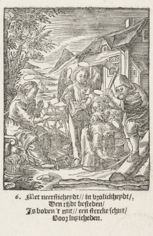 Christ Child picking up wood chips, Youth of Christ, The Childhood of Our Lord Jesus Christ, print, Series number, 6, 13, Joseph chops wood from a tree trunk. The Christ Child picks up the chips. He is helped by two angels who gather the wood in their cloaks. Mary sits with them and is spinning. In the lower margin four lines of Dutch text., printmaker: Christoffel van Sichem (II), Amsterdam, after design by Hieronymus Wierix, 1617, paper, woodcut, letterpress printing, woodcut and text in letterpress, height 137 mm x width 87 mm, angels, Joseph and the Christ-child, daily life in Nazareth, household occupations of Mary, A black and white woodcut-style scene shows a group of figures outside a building with a steep roof and a small window; one central figure has wings and a halo and stands facing the viewer, while other figures around them wear simple garments and head coverings and engage in various actions such as bending, holding tools, and working with a spinning device and baskets;...