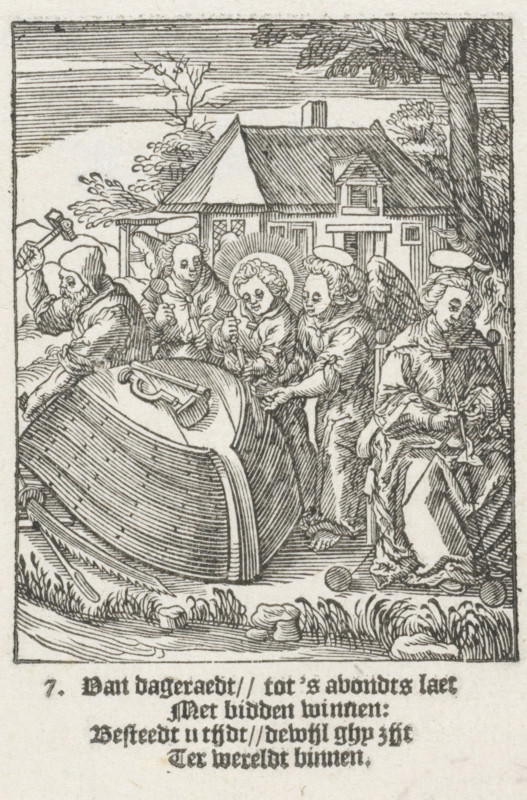 Christ Child builds a ship, The Childhood of Our Lord Jesus Christ, Youth of Christ, print, Series number, 7, 13, The Christ Child helps his father Joseph build a ship. He is assisted by two angels. Mary sits with them and is knitting. In the lower margin four lines of Dutch text., printmaker: Christoffel van Sichem (II), Amsterdam, after design by Hieronymus Wierix, 1617, paper, woodcut, letterpress printing, woodcut and text in letterpress, height 137 mm x width 85 mm, angels, Joseph and the Christ-child, daily life in Nazareth, household occupations of Mary, A detailed black and white engraving shows a group of robed figures gathered around a large overturned barrel or tub in the foreground, with one figure on the left holding a mallet and others appearing to handle tools or objects near the opening of the vessel; several figures have halos and wings suggesting angelic appearances, and one seated figure on the right holds a scale while gazing downward. Behind them stands a simple ho...