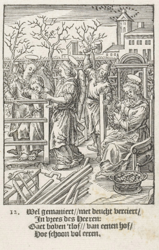 Christ Child builds a fence, The Childhood of Our Lord Jesus Christ, Youth of Christ, print, Series number, 12, 13, Helped by two angels, the Christ Child builds a fence. Together with his father Joseph, he works in the garden. Mary sits with them and strings a wreath of flowers. In the lower margin four lines of Dutch text., printmaker: Christoffel van Sichem (II), Amsterdam, after design by Hieronymus Wierix, 1617, paper, woodcut, letterpress printing, woodcut and text in letterpress, height 137 mm x width 84 mm, angels, Joseph and the Christ-child, daily life in Nazareth, household occupations of Mary, A black and white woodcut shows a group of people in an outdoor setting with bare trees and buildings in the background. Several figures wear long robes and have halos; one seated woman on the right holds flowers and sits in a chair beside a shallow basket filled with round objects. A standing man near her grips a vertical post and raises a mallet overhead. Two other standing figures ...
