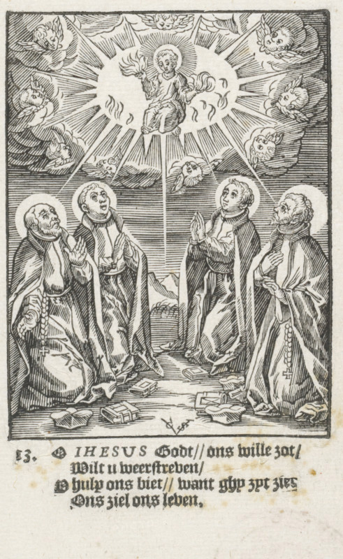 Christ Child in a halo, Youth of Christ, The Childhood of Our Lord Jesus Christ, print, Series number, 13, The Christ Child in a halo with a flaming heart in each hand, surrounded by cherubim. The Child is adored by four Jesuits: Ignatius of Loyola, Francis Xavier, Aloysius Gonzaga, and Stanislaus Kostka. In the bottom margin four lines of Dutch text., printmaker: Christoffel van Sichem (II), Amsterdam, after design by Hieronymus Wierix, 1617, paper, woodcut, letterpress printing, woodcut and text in letterpress, height 137 mm x width 85 mm, Person, Ignatius van Loyola, Stanislaus Kostka, Christ-child (with attributes), the founder of the Jesuit Order, possible attributes: book (with 'ad majorem Dei gloriam'), demon, dragon under feet, flames, flaming heart, globe, IHS monogram, skull (with crown), tears in eyes, torch, the Jesuit missionary Francis Xavier, possible attributes: cross, crucifix, Indian, lily, the Jesuit friar Aloysius Gonzaga, discipline, male saints (with NAME), A blac...