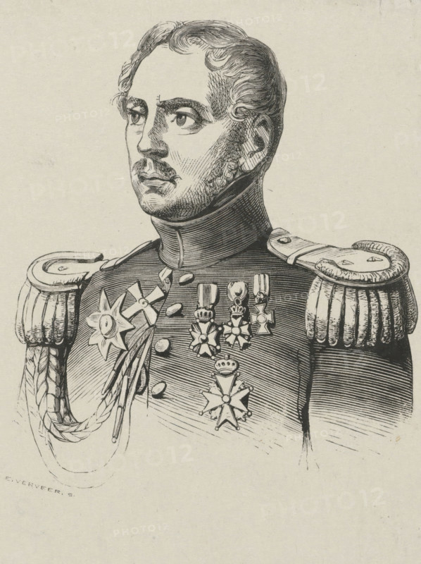 Man in a military costume, print, printmaker: Elchanon Verveer, The Hague, 1836 - 1900, paper, chine collé, wood engraving, wood engraving on chine collé, height 137 mm x width 105 mm, (military) uniforms, A close-up black and white ink illustration of a man in a formal military uniform shown from the chest up, facing slightly left, with short wavy hair and a trimmed mustache and sideburns; he wears a high collar and ornate epaulettes on both shoulders with braided cords hanging from the left, and several decorative medals and star-shaped insignia pinned across his chest and suspended from ribbons; the drawing is rendered with fine cross-hatching and line work on a pale textured background.