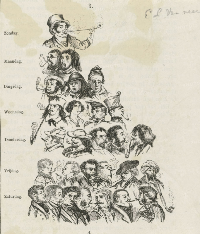 Pyramid of various smoking figures with the days of the week, print, book illustration, printmaker: Elchanon Verveer, The Hague, 1836 - 1900, paper, wood engraving, letterpress printing, wood engraving and text in letterpress, height 122 mm x width 104 mm, pipe, tobacco (taking (particular) foodstuffs: eating, drinking, smoking, chewing, etc.), cigarette (taking (particular) foodstuffs: eating, various human types, cigar (taking (particular) foodstuffs: eating, A vertical series of black ink caricature portraits fills the left side of an aged, stained sheet, showing rows of men and a few women with varied hats, hairstyles, facial hair, and expressions, many holding or puffing on long pipes that trail curling smoke; the topmost figure wears a top hat and extends a long-stemmed pipe, below him groups of faces include bearded men, a soldier in a peaked helmet, a woman with short hair, a man with a cap and drooping mustache, and further down a cluster of men in coats and cravats, all rende...