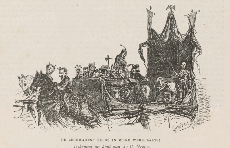 The Chariot: Faust in his workshop, Procession in Deventer on April 26, 1864 in remembrance of the liberation of Deventer on April 26, 1814, print, book illustration, printmaker: Isaac Weissenbruch, Netherlands, after design by Johan Conrad Greive, 1864, paper, wood engraving, letterpress printing, wood engraving and text in letterpress, height 307 mm x width 192 mm, A black ink illustration on a light background shows a procession-like scene with two horses at the left ridden by figures, behind them a platform or wagon laden with various objects and seated figures, one figure wearing a pointed hat and another with a helmeted head among draped fabrics, containers, and ornamental items; a tall, dark draped structure rises at the right of the platform, and a skeleton-like figure stands near the front of that structure holding a rod, with additional small figures and carved or sculpted heads visible among the cluttered details.
