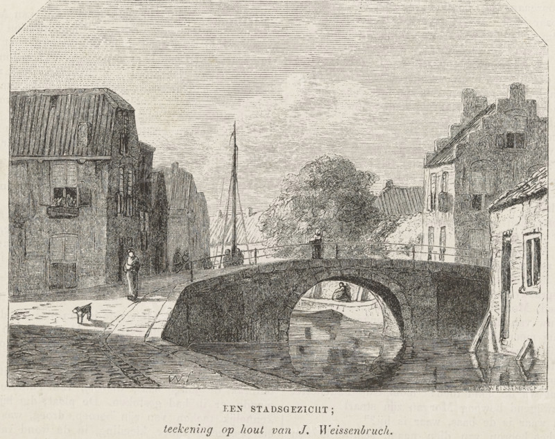 Cityscape with a bridge, print, book illustration, printmaker: Isaac Weissenbruch, Netherlands, after design by Jan Weissenbruch, 1836 - 1912, paper, wood engraving, letterpress printing, wood engraving and text in letterpress, height 121 mm x width 189 mm, bridge in city across river, canal, etc. (city(-scape) with figures, staffage), A monochrome etching of a canal scene showing a stone arched bridge spanning a waterway with a small boat passing beneath the arch. Buildings with shuttered windows and steep roofs line both sides of the canal, and a taller building with stepped gables appears on the right. Figures stand and walk across the bridge and along the pavement, including a person leaning on the bridge railing and another on the quay. A person sits in the boat under the arch, and a small animal is on the pavement near the left building. Trees rise behind the bridge, and a tall mast or pole is visible beyond the buildings, with horizontal etching lines forming a textured sky.