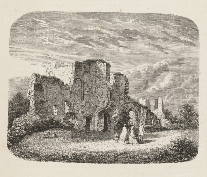 The Courtyard, Courtyard of the Ruins of Brederode Castle, print, book illustration, printmaker: Isaac Weissenbruch, Netherlands, publisher: Gebroeders van Es, Amsterdam, 1861, paper, wood engraving, letterpress printing, wood engraving and text in letterpress, height 228 mm x width 187 mm, An engraved scene shows the ruins of a stone building with crumbling walls, arched openings, and uneven masonry surrounded by low vegetation and scattered bushes, a group of people in period clothing standing and walking near the ruins including figures wearing long dresses and a man with a hat, a small child nearby, and two animals grazing on the ground, all beneath a sky rendered with horizontal line shading and wispy cloud patterns.